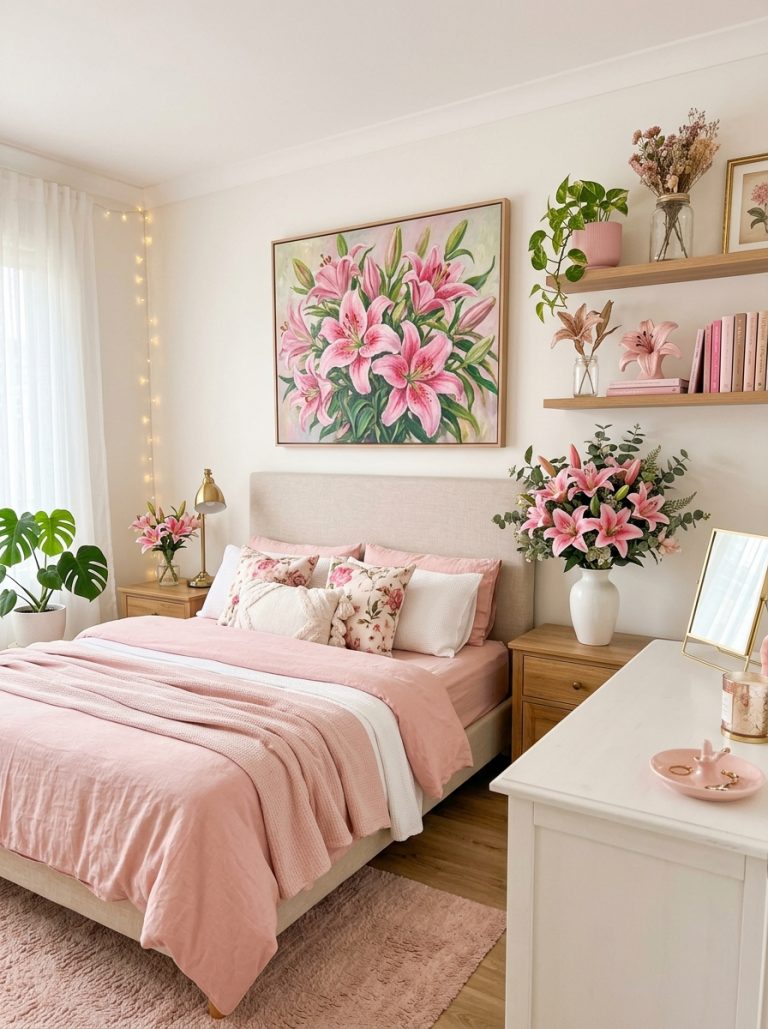 Beautiful bedroom with pink lilies painting on wall pink lily bouquet white vase and pink aesthetic decor on shelf.