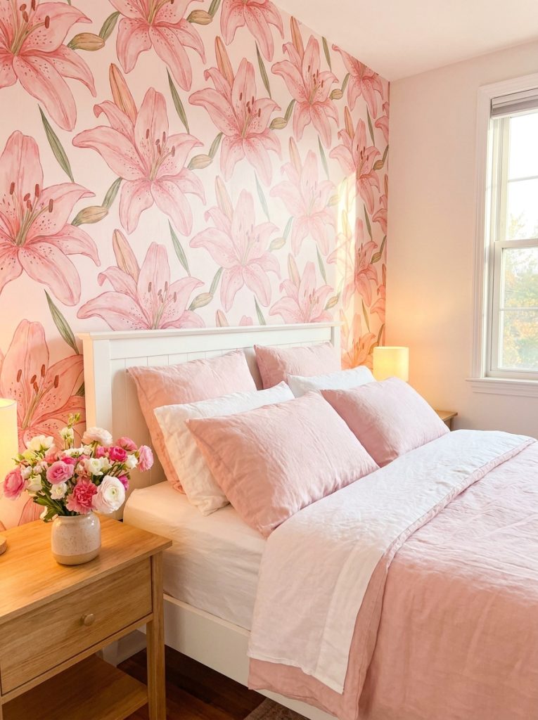 Beautiful pink lilies wallpaper bedroom with white bed soft pink bedding and fresh flowers.
