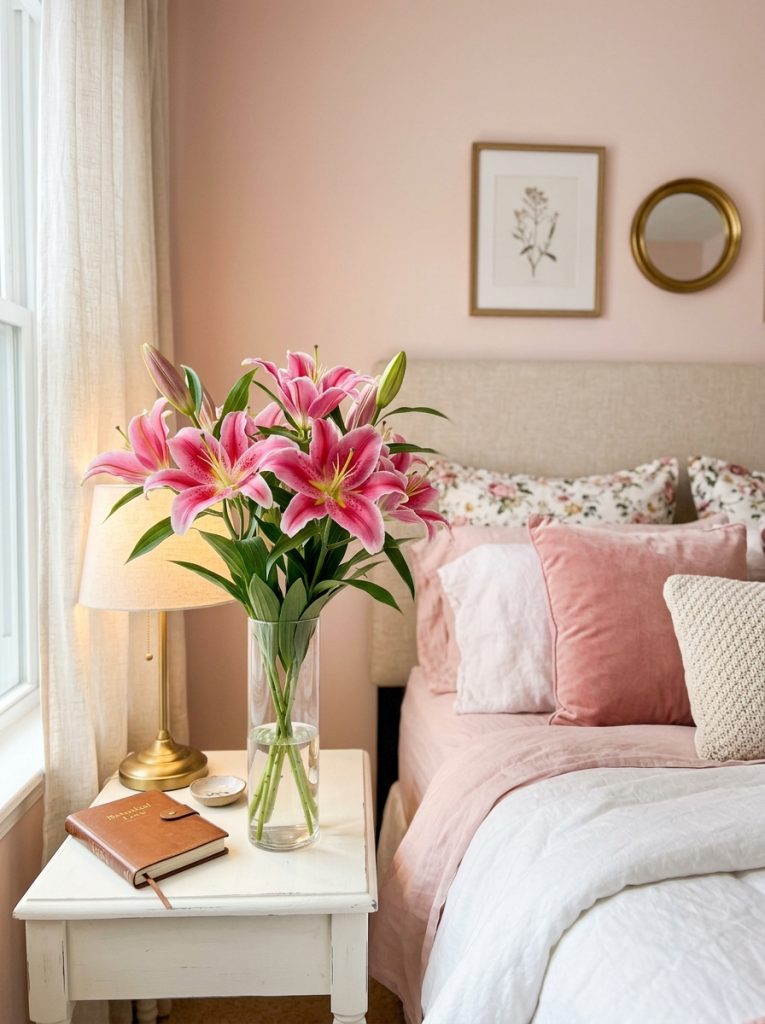  Beautiful romantic bedroom with pink stargazer lilies clear glass vase nightstand pink white bedding and warm bedside lamp