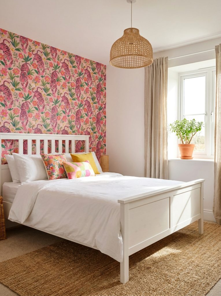  Cheerful bedroom with pink tiger floral wallpaper white painted bed rattan pendant light and potted plant windowsill.