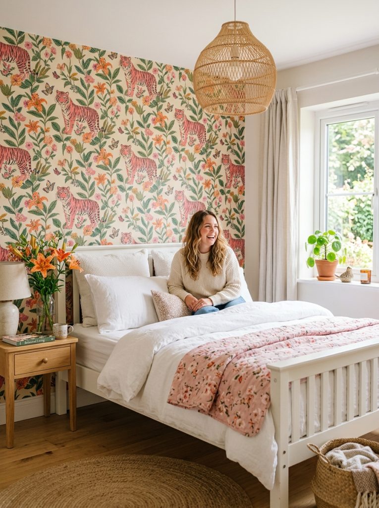 Cheerful bedroom with pink tiger floral wallpaper white bed bright white bedding rattan pendant light and plant windowsill