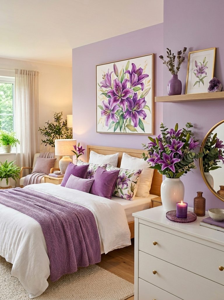 Beautiful bedroom with purple lilies painting on wall purple lily bouquet white vase and purple aesthetic decor on shelf