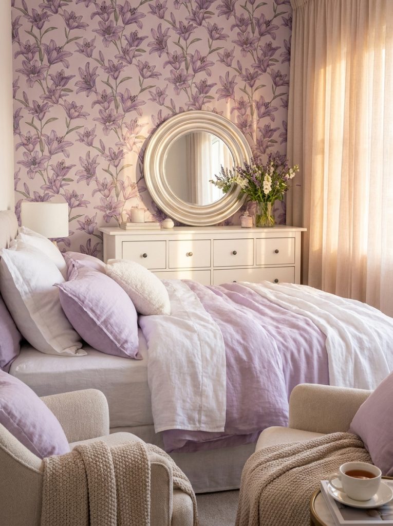  Beautiful purple lilies wallpaper bedroom with lavender bedding silver mirror white dresser and warm lighting.