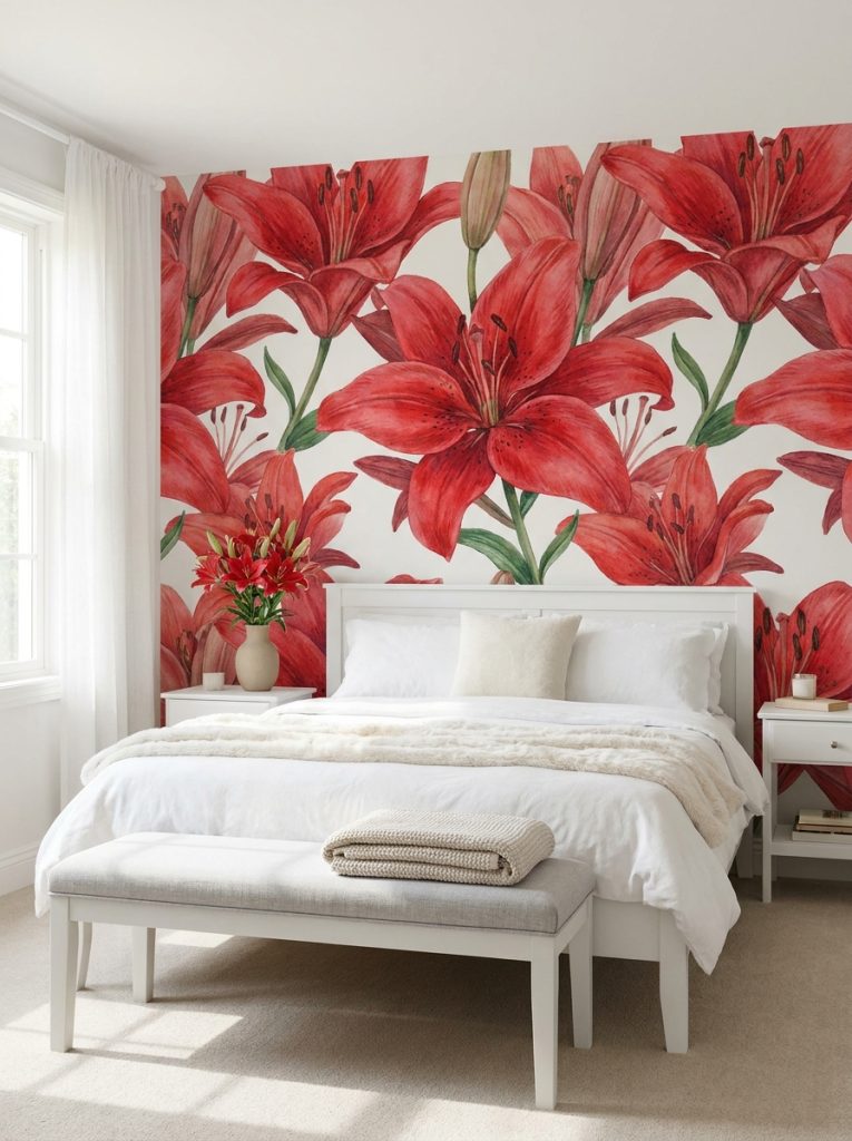  Bold confident bedroom with red lilies wallpaper white furniture grey upholstered bench minimal botanical styling.