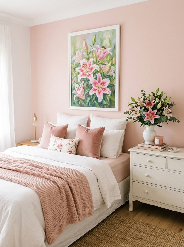 Beautiful bedroom with rose lilies painting on wall rose lily bouquet white vase and soft blush white bedding