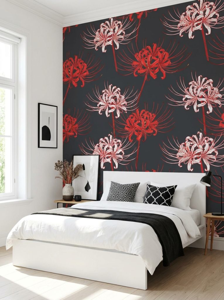 Striking bedroom with spider lilies wallpaper bold botanical pattern dark background white bed frame minimal accessories