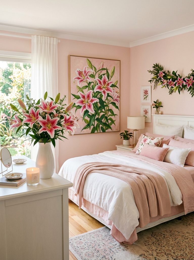 Beautiful bedroom with stargazer lilies painting on wall stargazer lily bouquet white vase and soft pink white bedding.