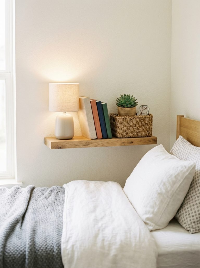Styled bedside area with small shelf organizer lamp books and woven basket on neutral wall