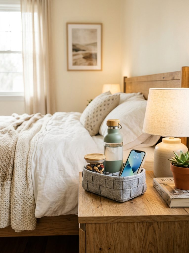 Small bedside caddy on nightstand holding water bottle snack container and phone