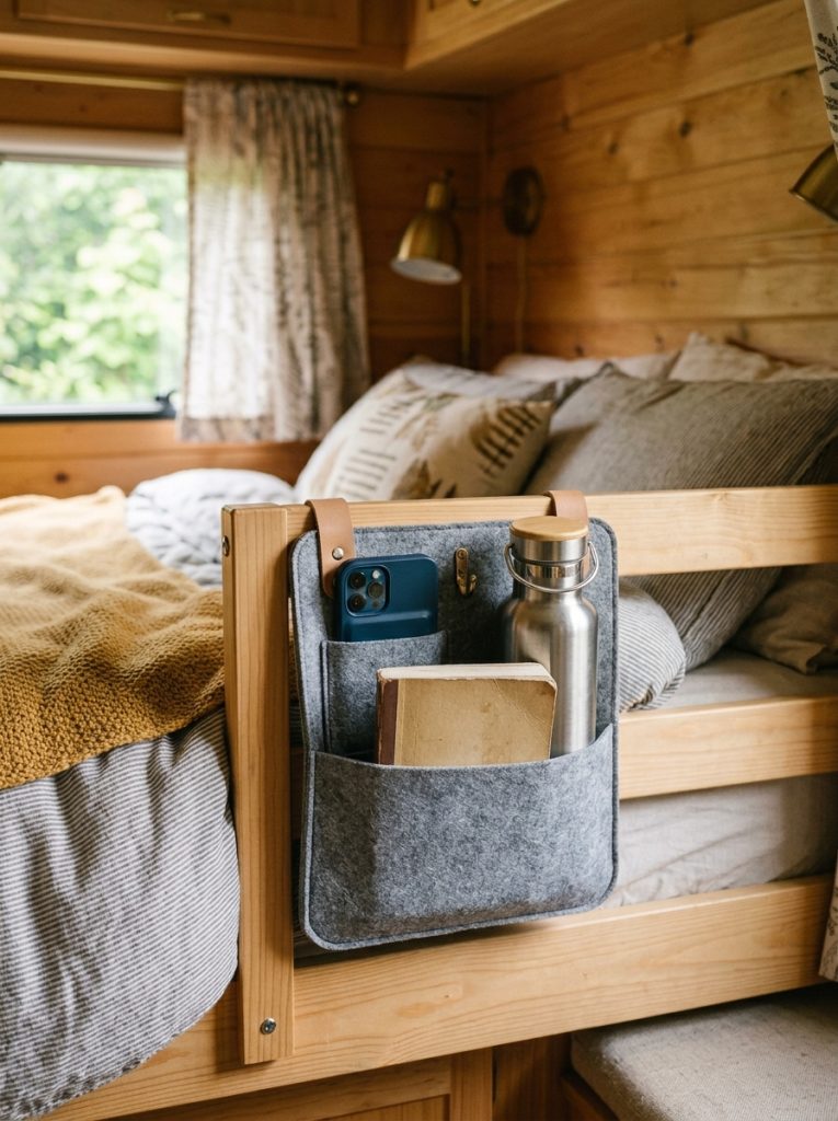 Compact bedside caddy on RV camper bed frame holding phone book and water bottle