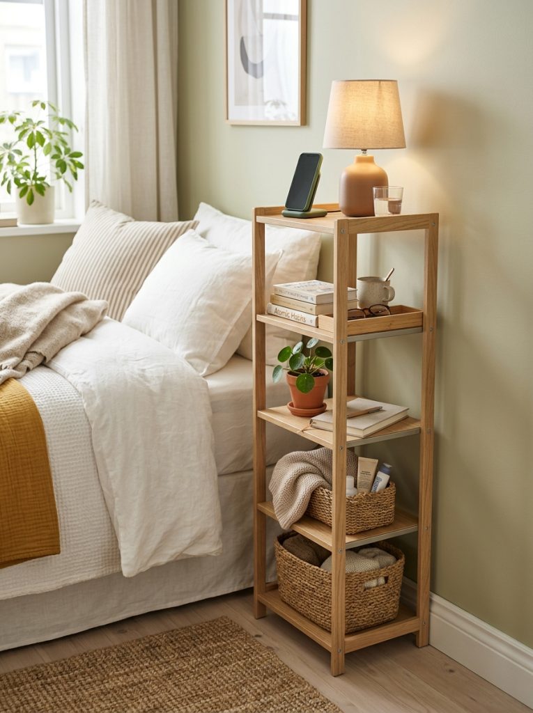 Tall slim narrow bedside organizer shelf beside bed in small bedroom with lamp and phone