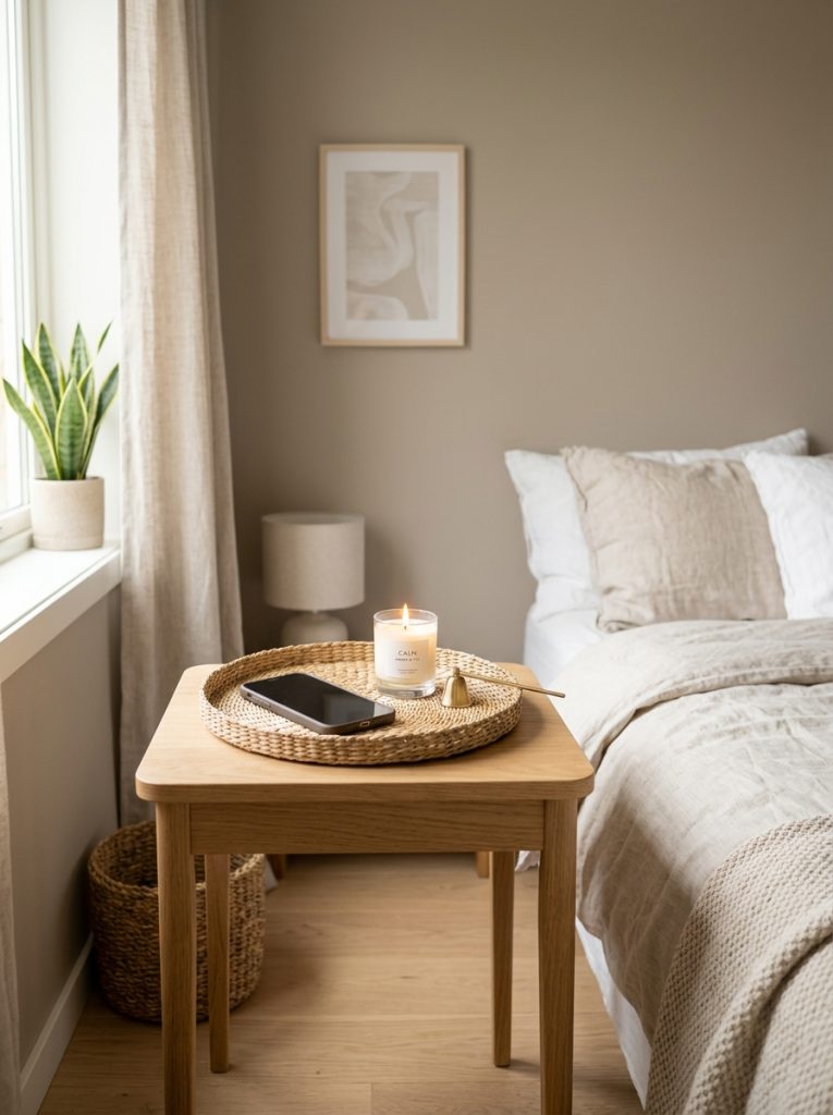 Minimal bedside setup with one woven basket and simple tray holding phone and candle