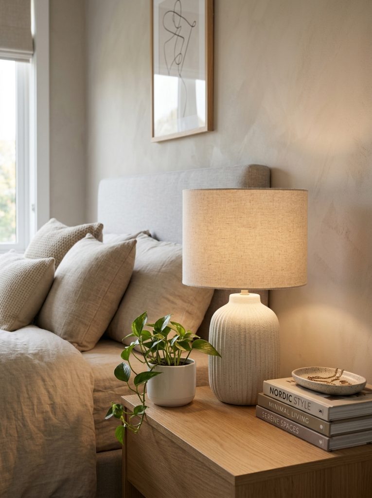 beautiful neutral bedside table lamp creating warm atmospheric lighting on styled bedside table with books plants neutral accessories 