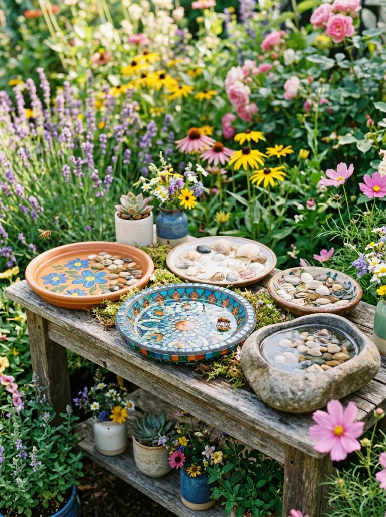 Beautiful bee bath DIY display with painted clay saucer mosaic tile shell decorated and natural stone bee baths with water pebbles in garden.