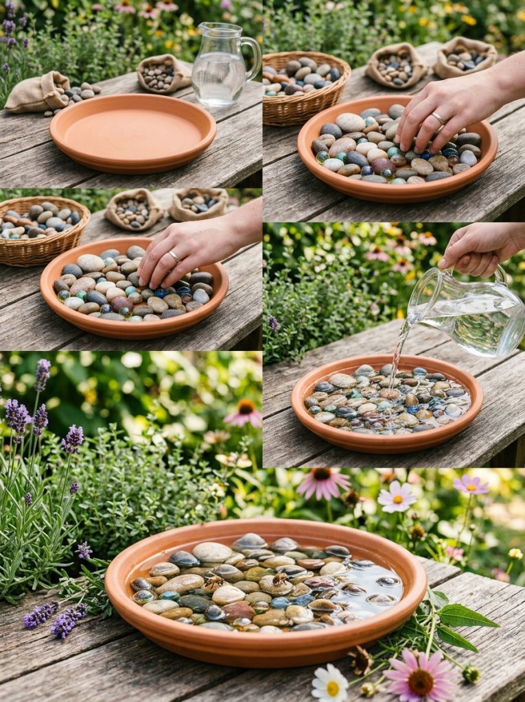 Bee bath DIY tutorial step by step with clear progression from empty dish through pebble arrangement water filling to finished bee-ready bath