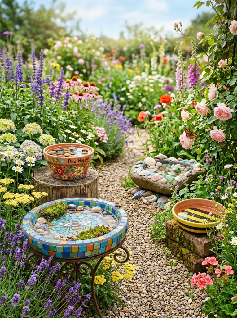 Complete bee bath DIY collection with painted clay mosaic shell butterfly shared and bumble bee baths throughout different garden areas 