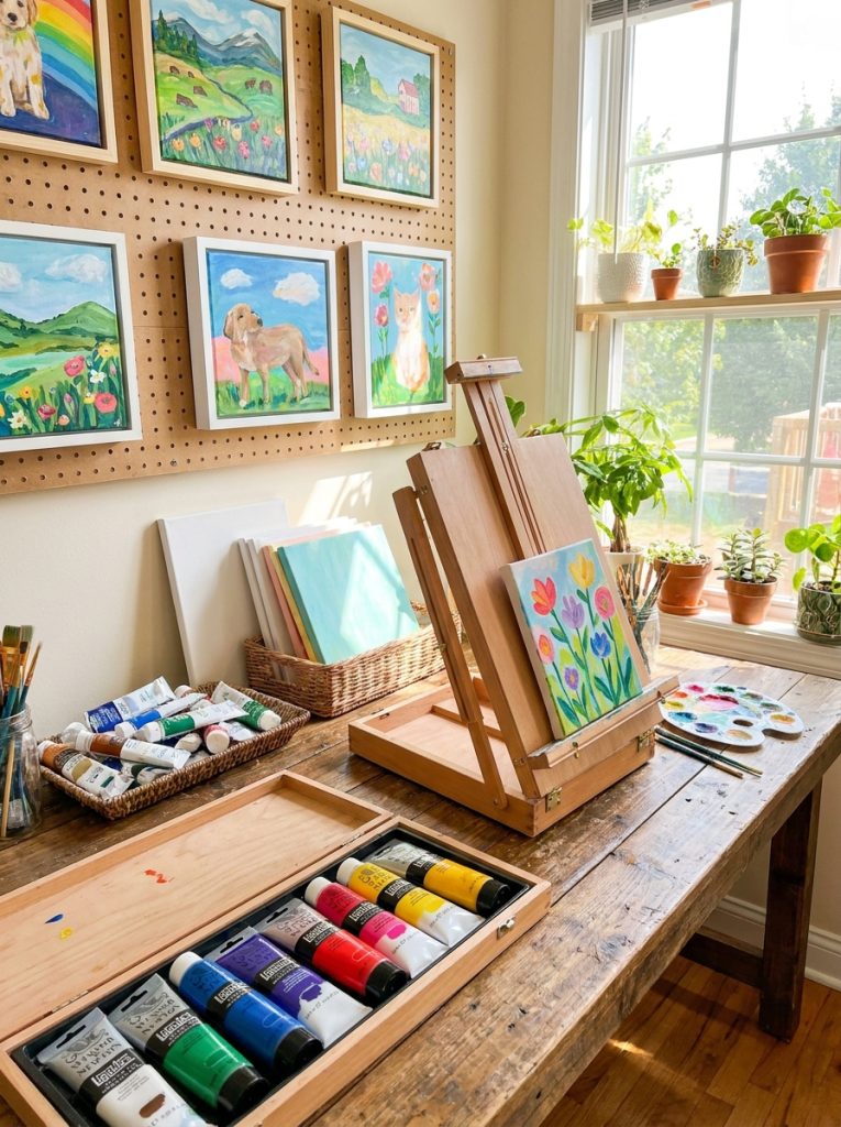  Beautiful beginner acrylic paint set displayed alongside completed beginner canvas paintings showing encouraging first results