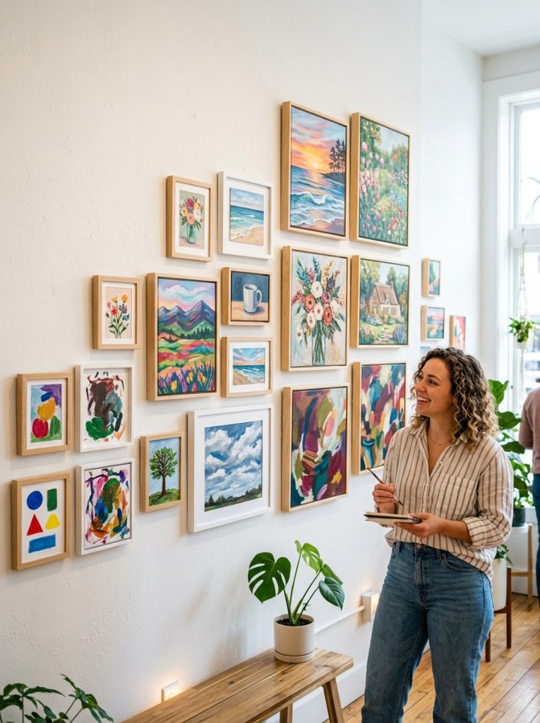 Beautiful beginner acrylic painting gallery with multiple easy simple paintings showing progression from first attempts to confident work 