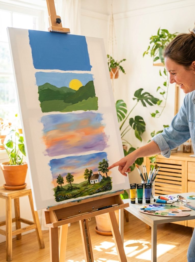  Easy beginner step by step acrylic painting progression from base coat to blocked shapes blended colors to final details