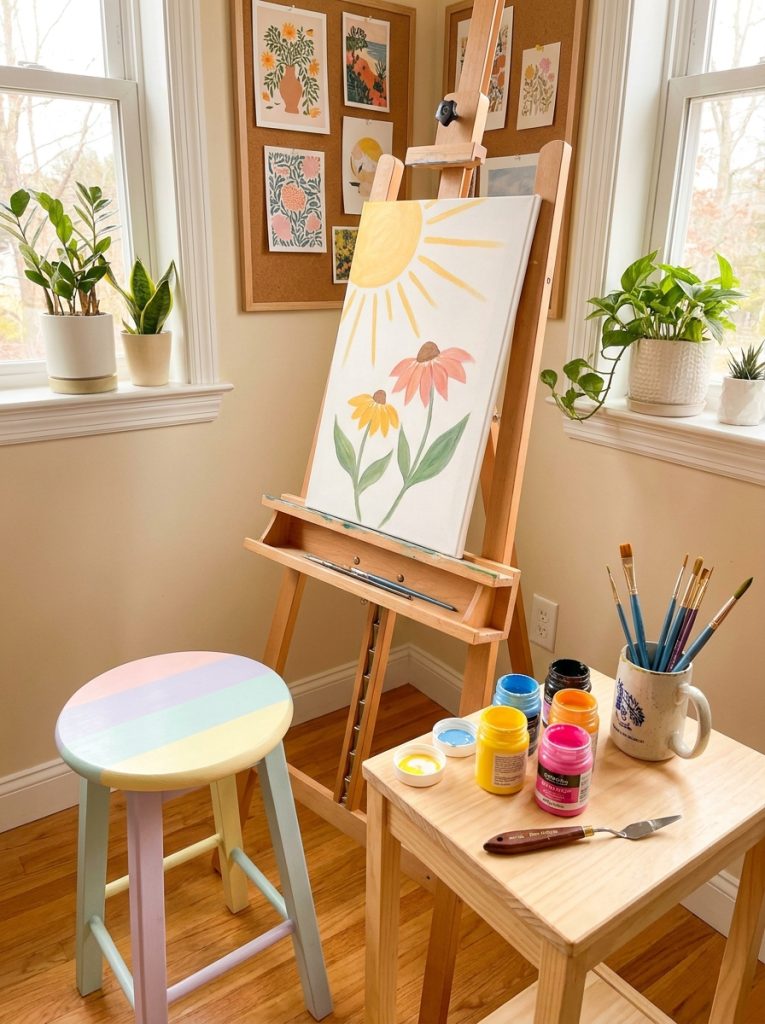 Beautiful beginner acrylic painting easel setup with canvas at perfect angle alongside organized paints and brushes 
