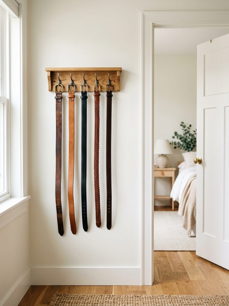 Wooden wall mounted belt holder with belts hung neatly near a bedroom door
