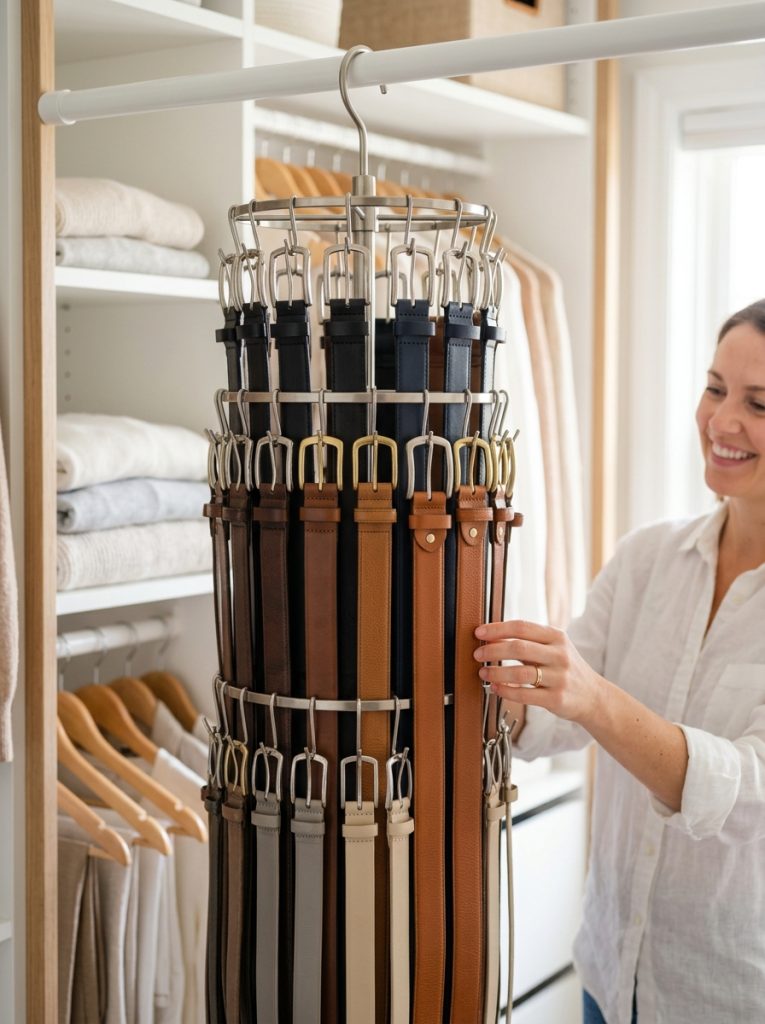 Multiple belts hung neatly on a rotating closet hanger organizer by color