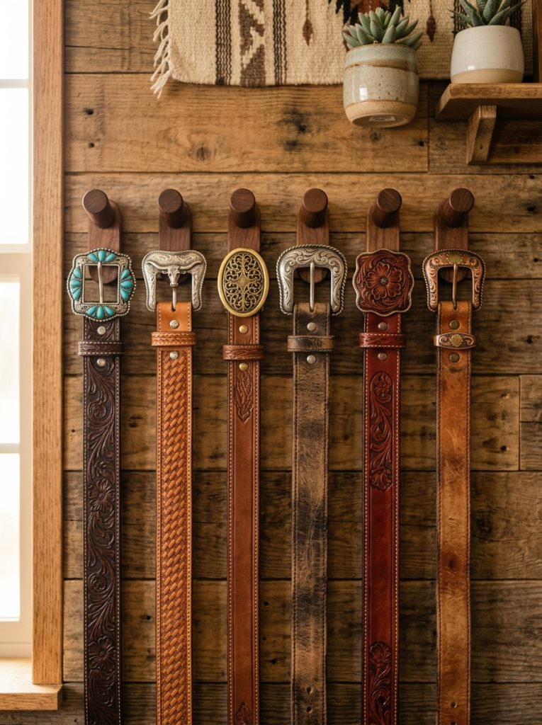 Western belts with decorative buckles hung individually on wooden wall pegs in a row