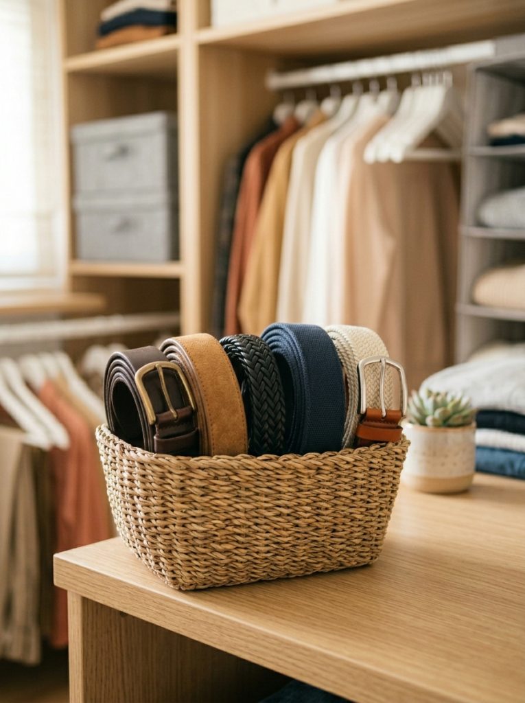 Rolled belts stored upright inside a small woven basket on a closet shelf