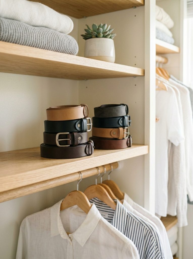 Dedicated closet shelf section with neatly rolled and stacked belts in neutral tones