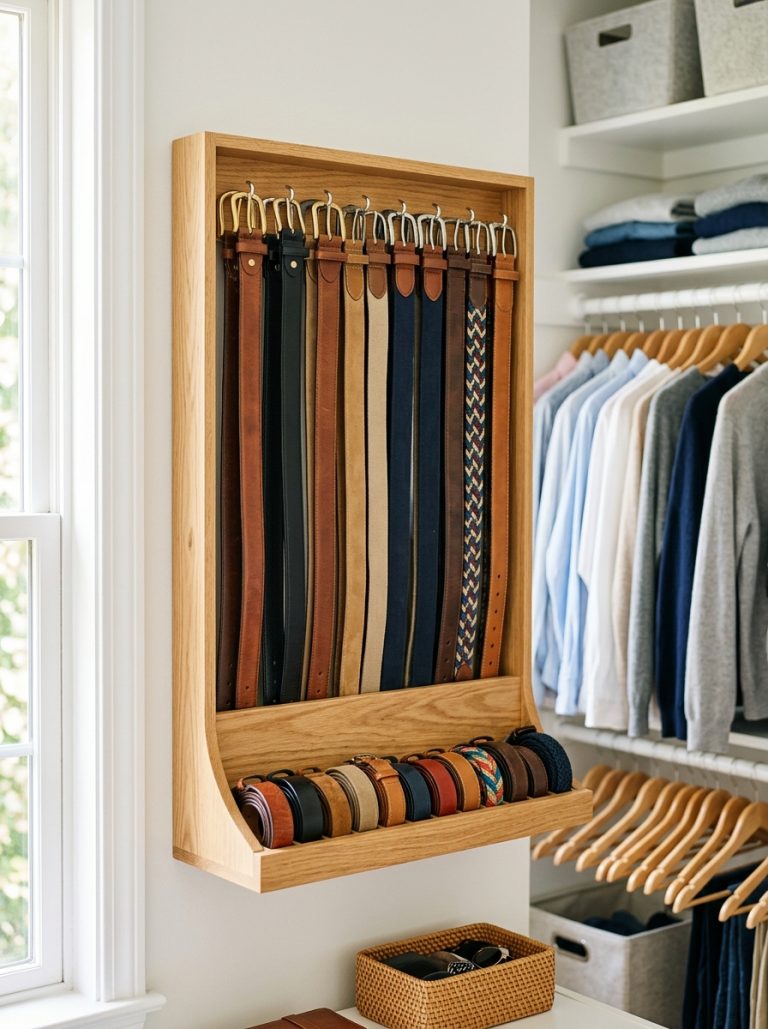 Neatly organized belts hung and rolled on a wooden wall rack inside a closet