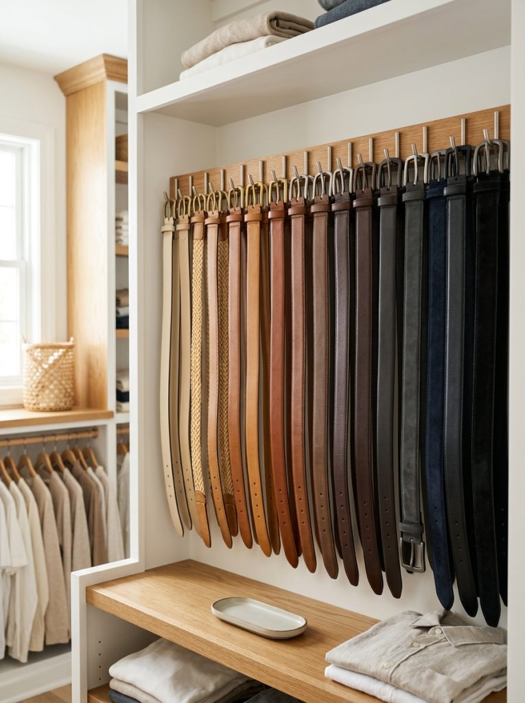 Belts sorted by color from light to dark hung neatly on a closet organizer rack