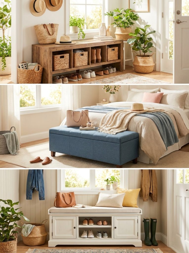  Beautiful bench with shoe storage in entryways bedrooms mudrooms with open shelf closed cabinet and upholstered storage benches 