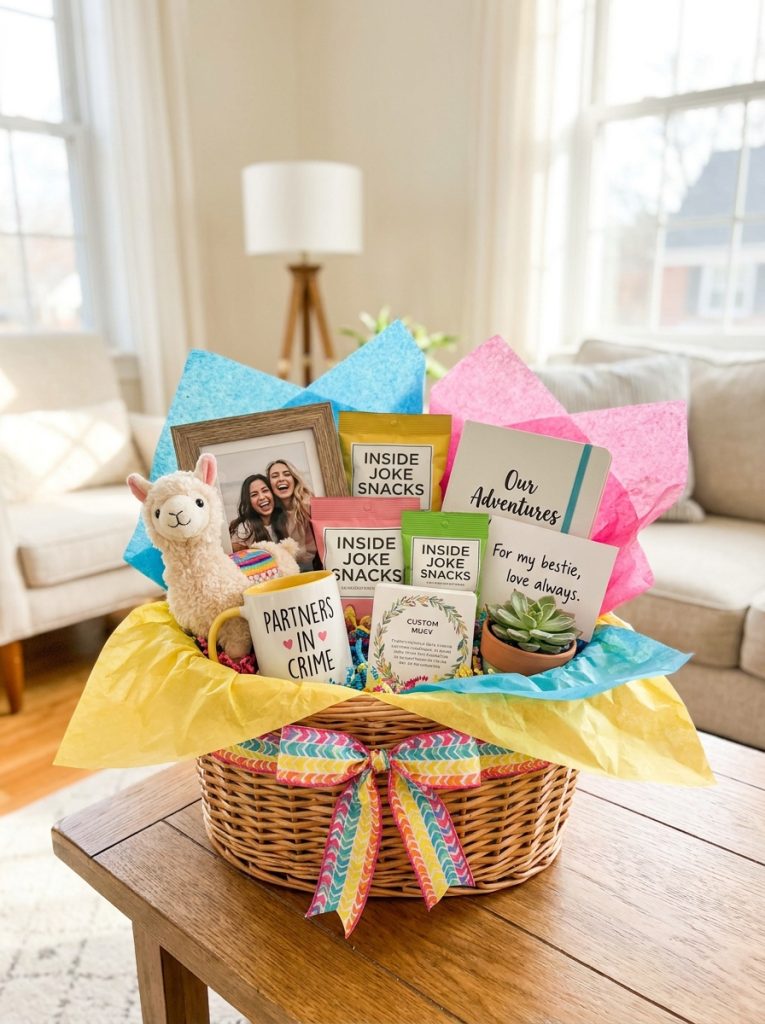 Beautiful best friend gift basket with inside joke items favourite treats personal memory references funny elements and friendship items
