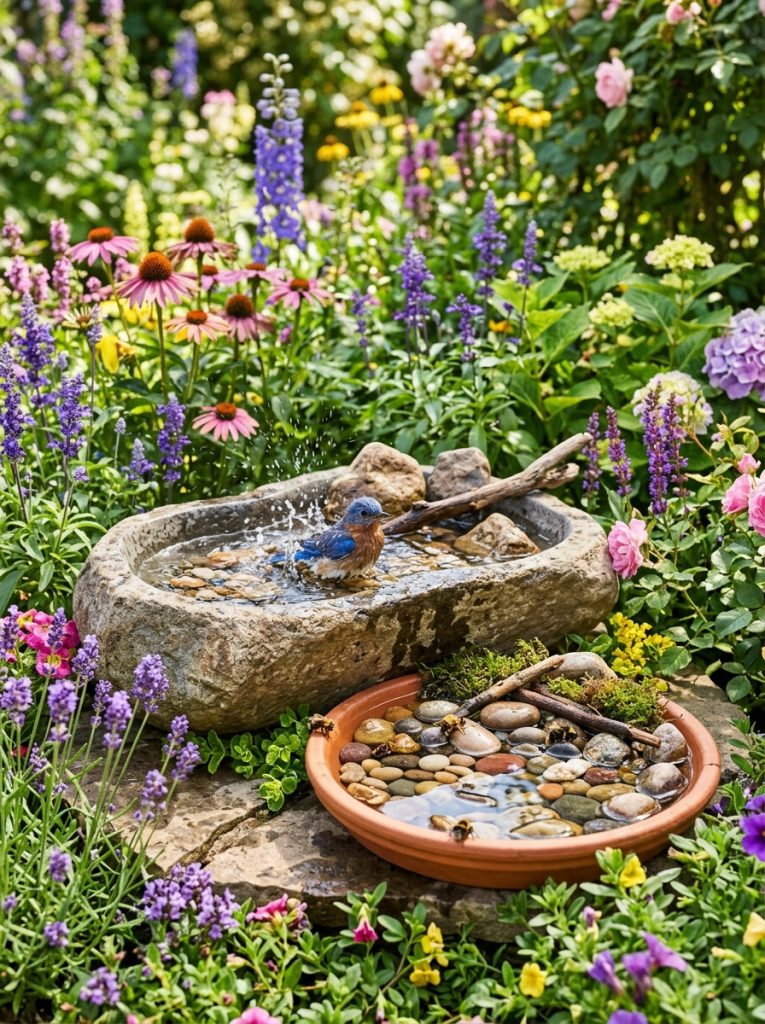 Beautiful bird and bee bath DIY with two-level arrangement deeper bird section and shallow bee dish alongside surrounded by garden plants