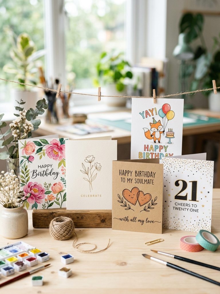Beautiful birthday card ideas display with watercolor floral aesthetic minimalist cute illustrated boyfriend and milestone cards on craft surface