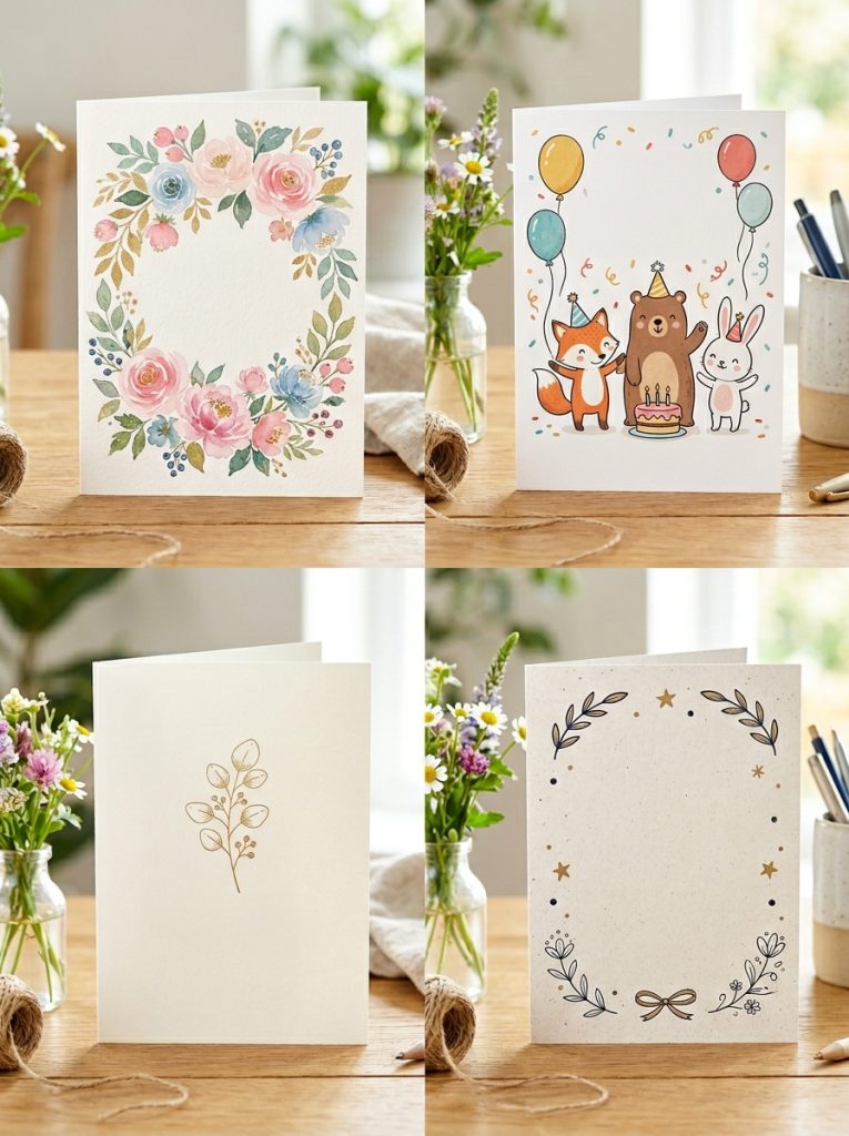 Four birthday card ideas including watercolor floral painted cute illustrated character aesthetic minimalist and heartfelt handmade lettering decoration