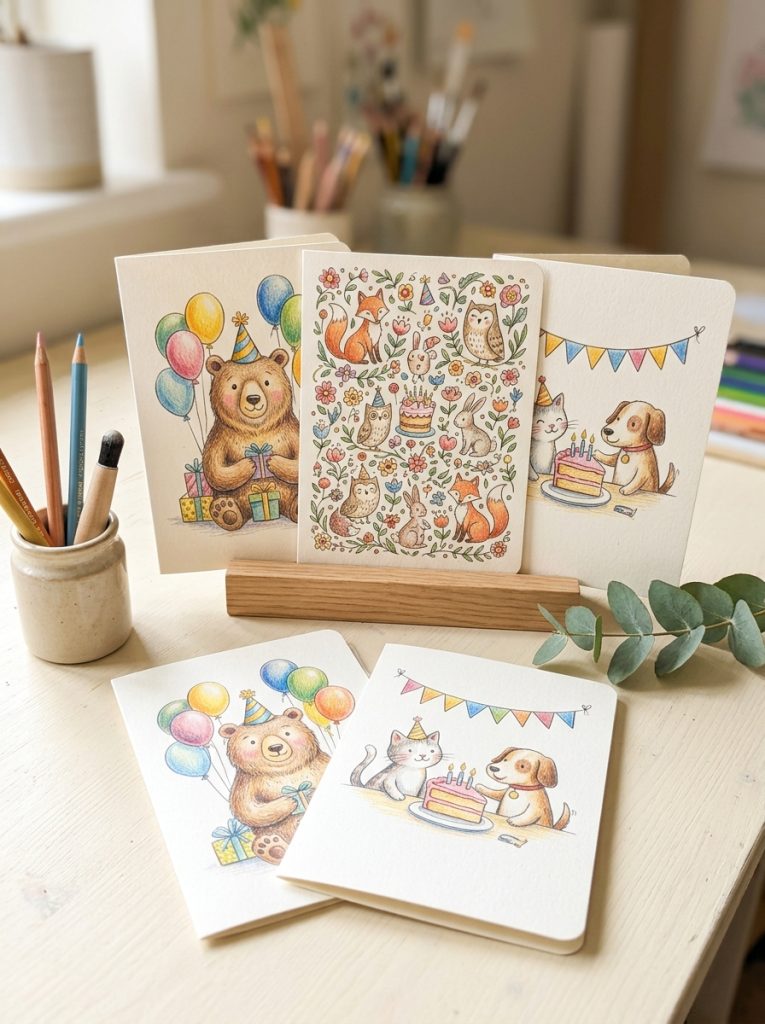 Beautiful colored pencil illustrated birthday cards with character illustrations cute scenes intricate patterns and sweet messages