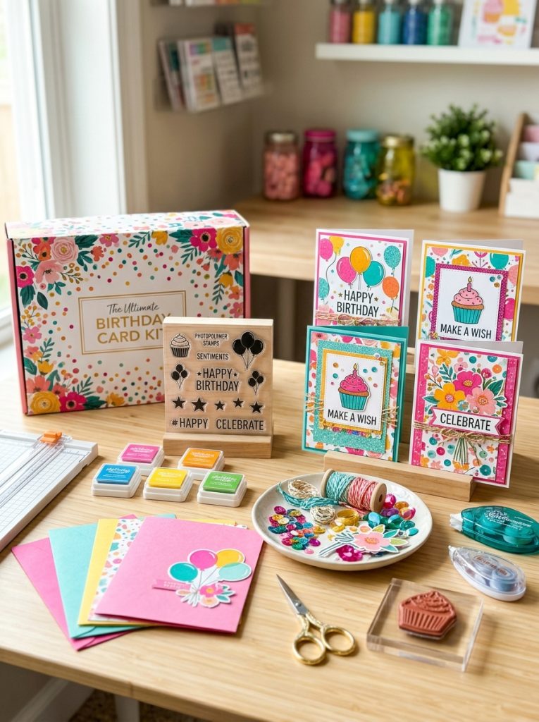 Complete birthday card making kit with stamps ink pads paper embellishments alongside completed sample cards on bright craft surface