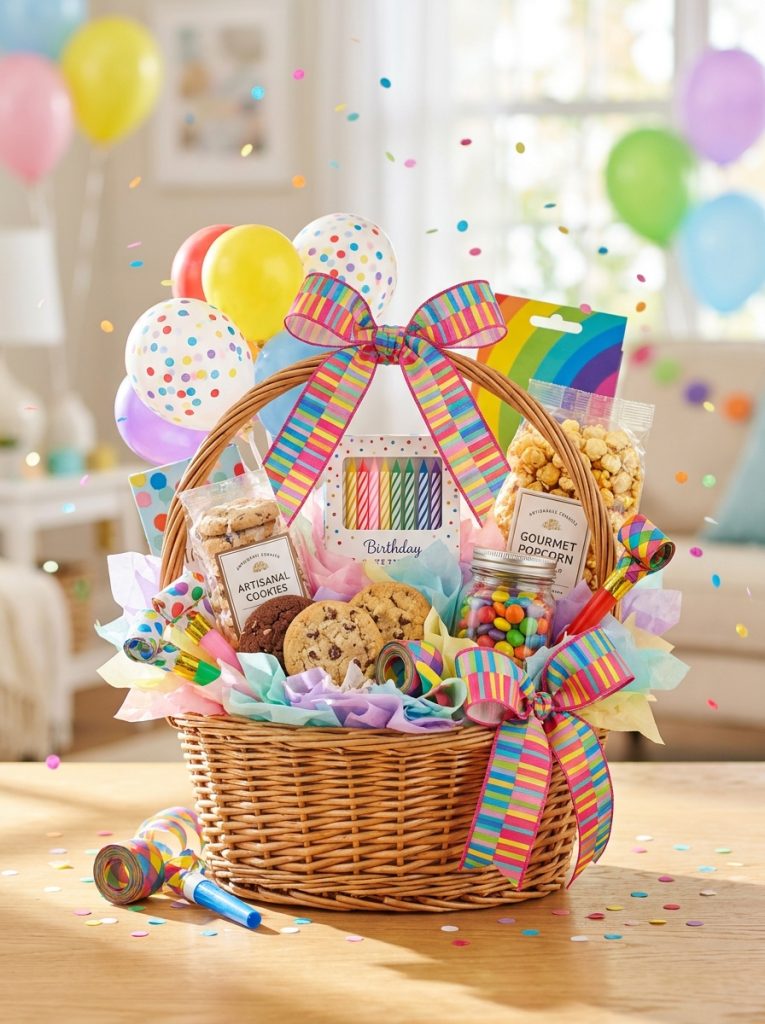 Beautiful birthday celebration gift basket with balloons birthday candles favourite foods sweet treats party items and colorful ribbon 