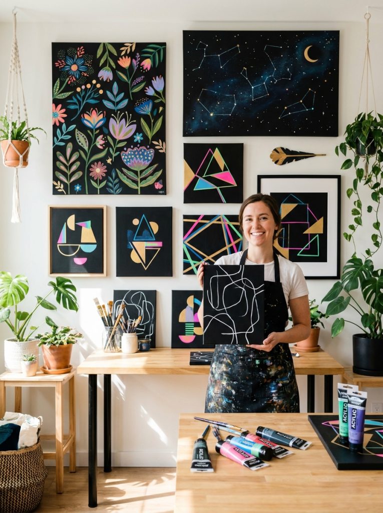  Dramatic black acrylic painting ideas with black backgrounds colorful flowers night sky landscapes and gold neon accents