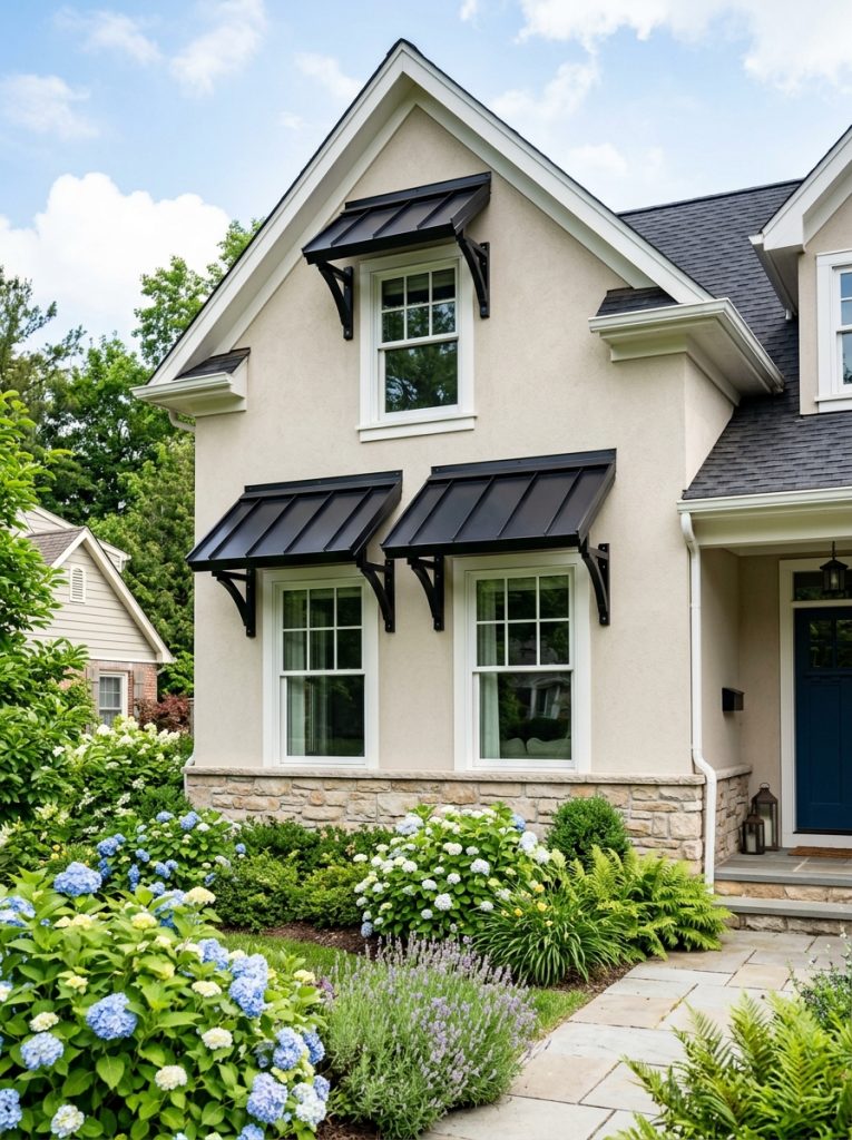 Beautiful black aluminum window awning DIY with powder-coated precision awnings above multiple windows creating unified exterior feature