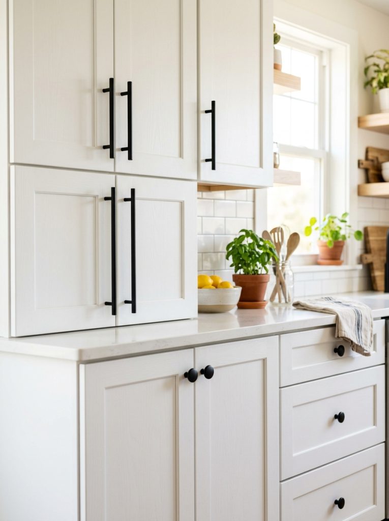 Beautiful black hardware cabinet pulls with matte black pulls and knobs on white light kitchen cabinets creating high-contrast hardware detail