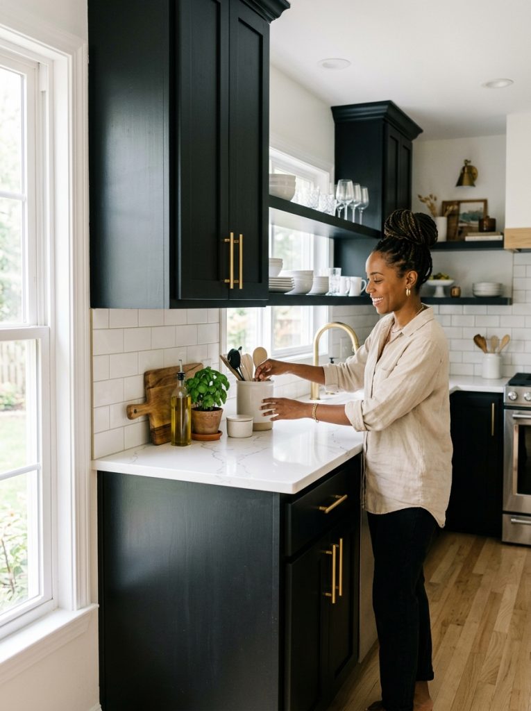  Beautiful bold black DIY kitchen cabinets with matte black finish gold brass hardware and light countertops in stunning high-contrast kitchen