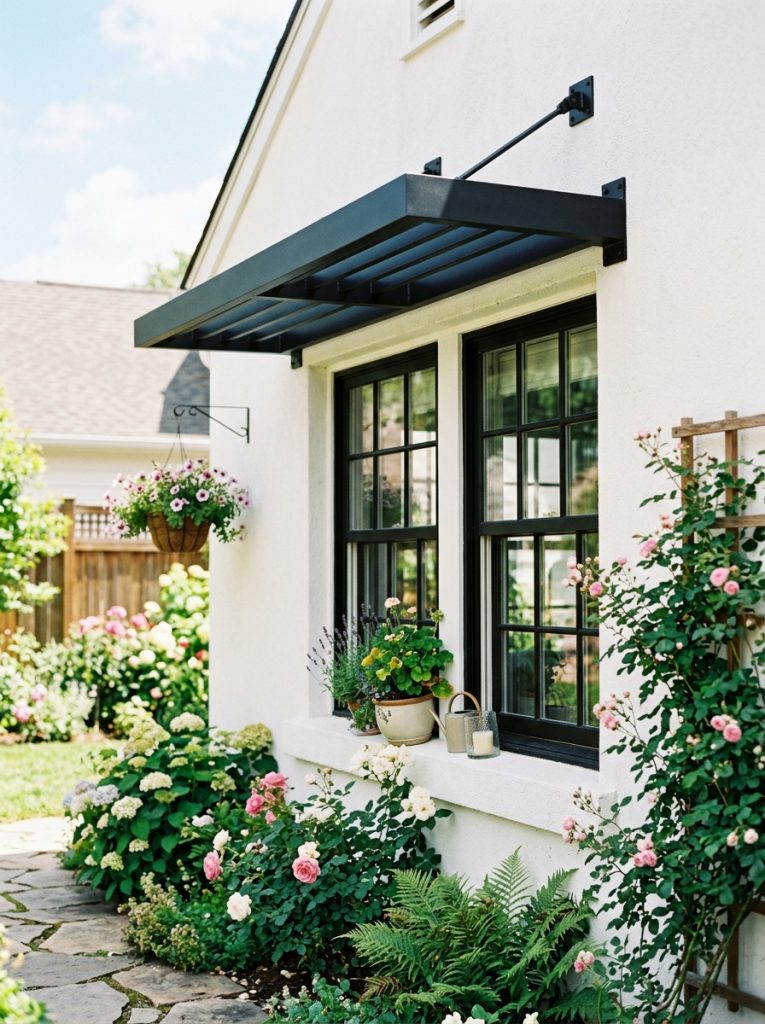  Beautiful black metal window awning DIY with matte black finish above windows on white light home exterior creating high-contrast detail 