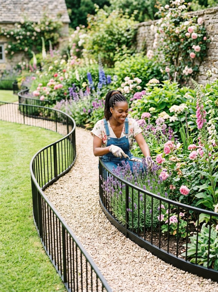 Beautiful black metal garden fence border with sleek clean lines defining garden beds pathways and lawn edges in bright modern garden