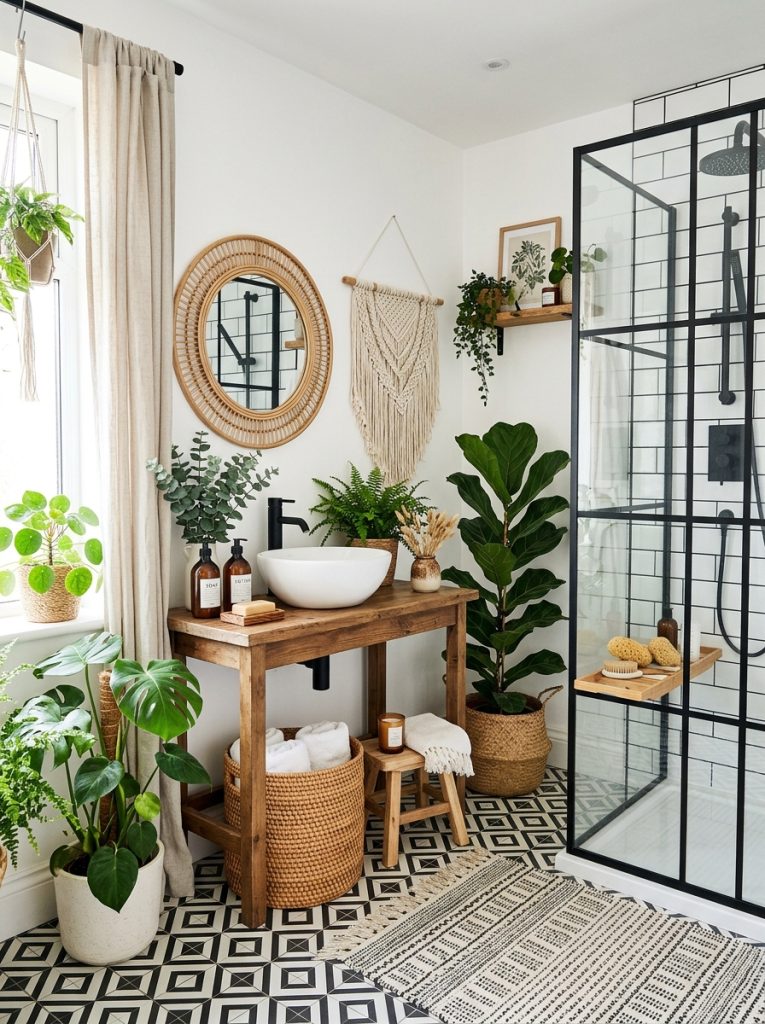 Beautiful black white boho bathroom with classic palette rattan accessories macrame wooden accents botanical displays for sophisticated warmth