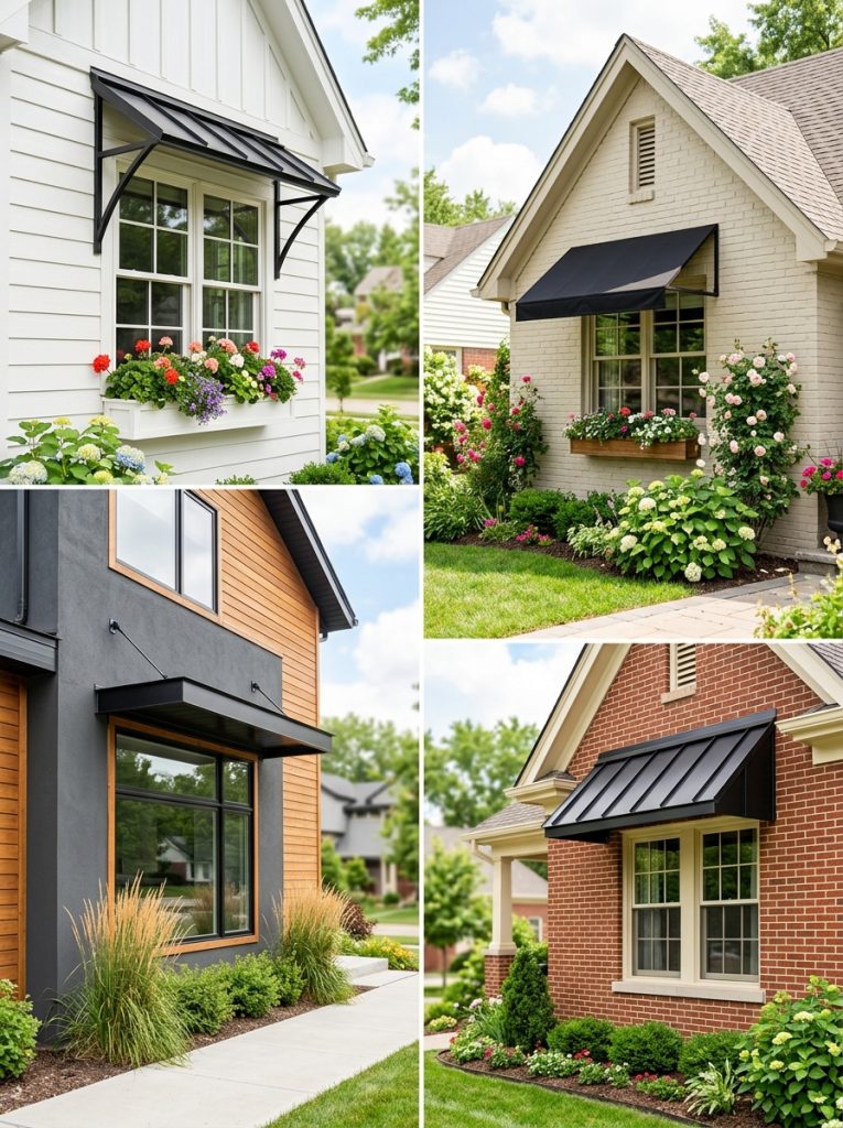  Beautiful black window awnings DIY on modern farmhouse and cottage home exteriors showing versatile beauty against different styles