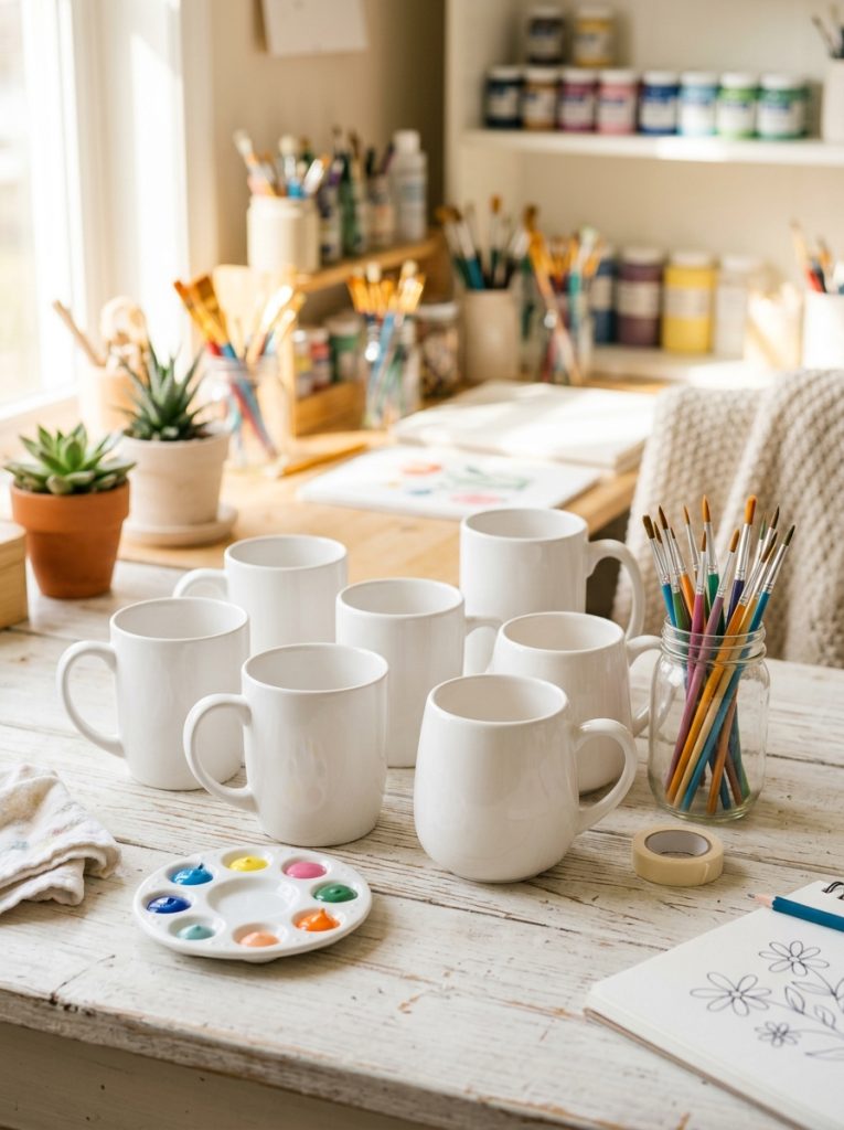 Beautiful blank white ceramic mugs ready for painting in different sizes alongside painting supplies on bright craft surface