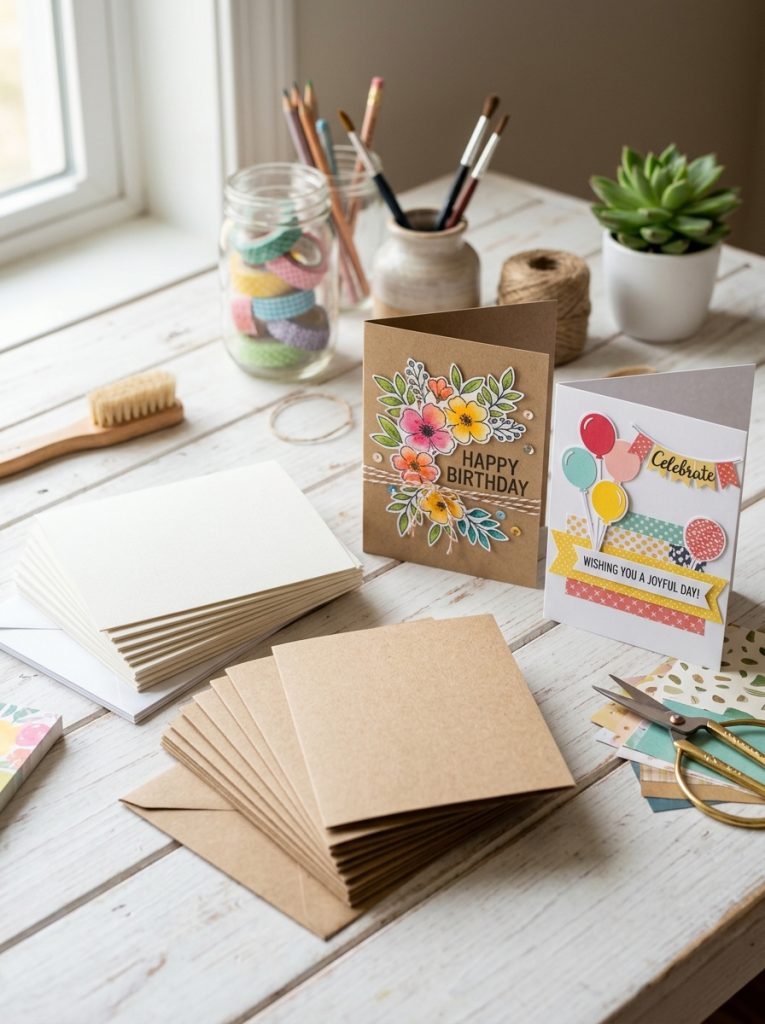 Beautiful blank greeting card set with white and kraft cards envelopes alongside completed handmade birthday examples on craft surface