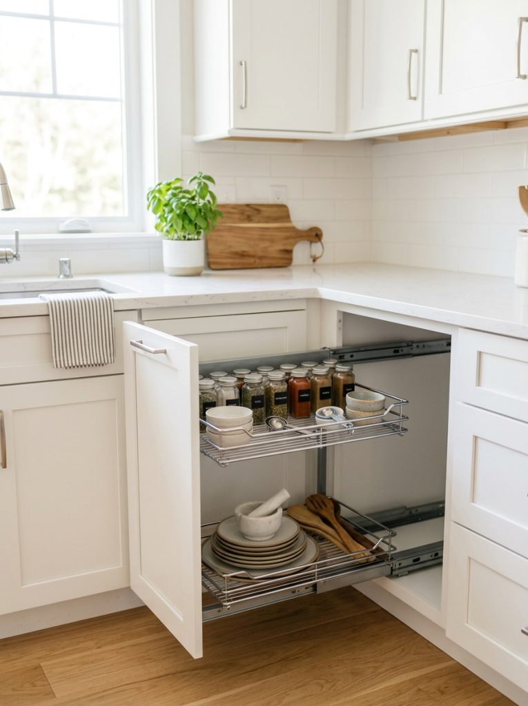  Blind corner cabinet organizer with pull out trays extended showing neatly stored kitchen items